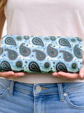 Blue Paisley Print Zip Wallet Clutch Easy to Hold and Carry 8 x4" - Hey Viv